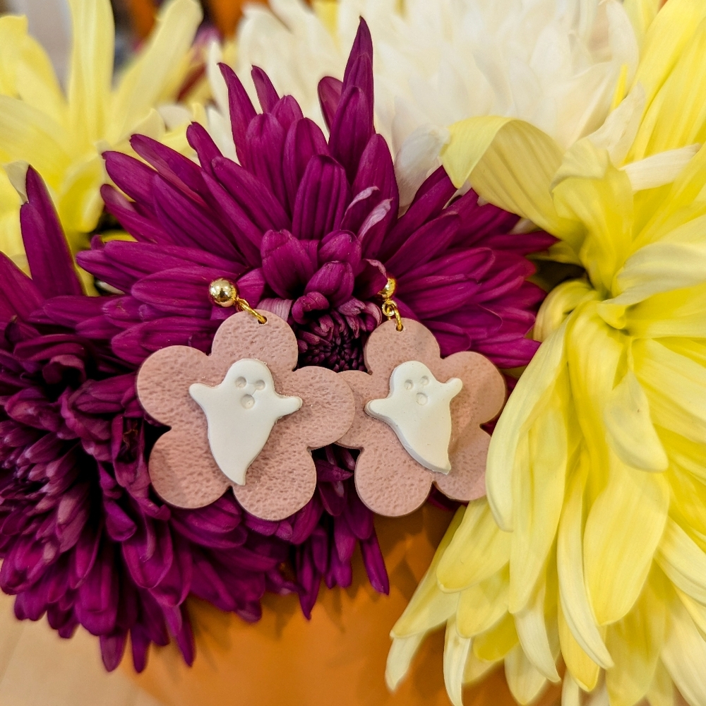 Handmade Polymer Clay Pink Flower Ghost Earrings